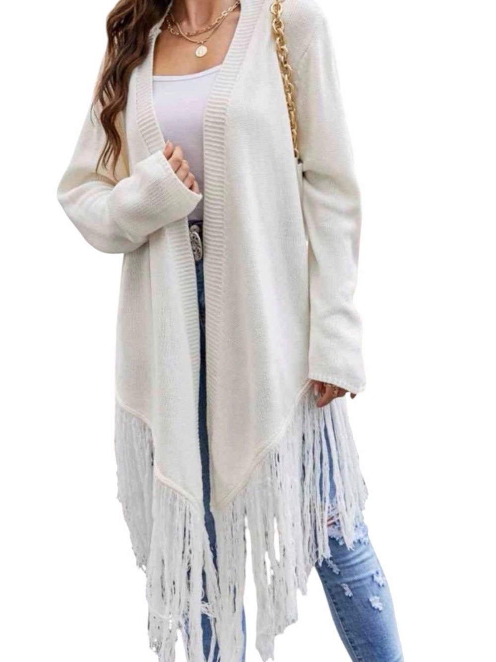 Open Front Ribbed Trim Fringe Hem Cardigan Size Large New
